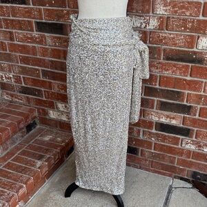 Never Fully Dressed Silver Sequin Jaspre Wrap Maxi Skirt NWT Size 6 US 10 UK